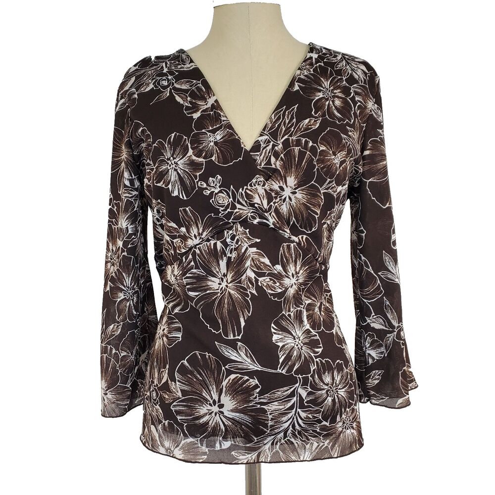 Nine West Floral Vneck Y2K Mesh Top 3/4 Sleeve Brown XL Resort Travel Tropical